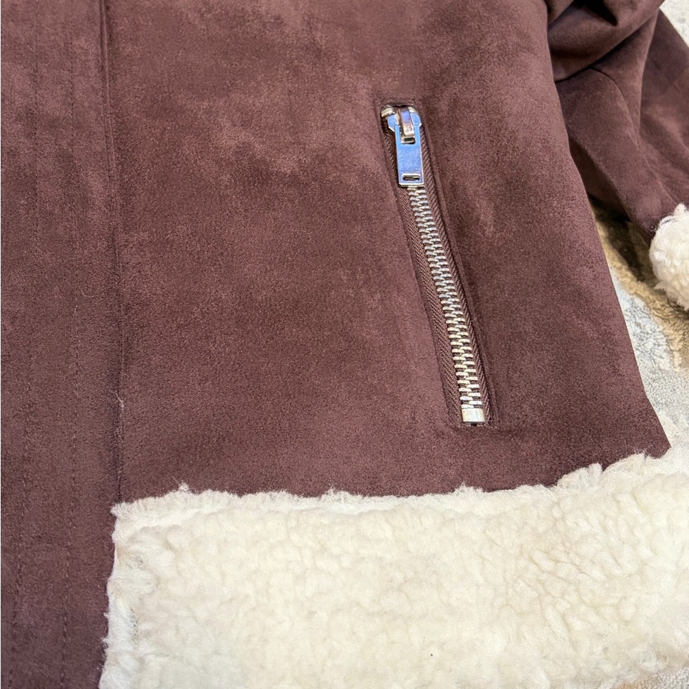 NEW JustFab Dark Brown Faux Suede Moto Sherpa Lined Aviator Jacket Size Medium - Picture 9 of 10